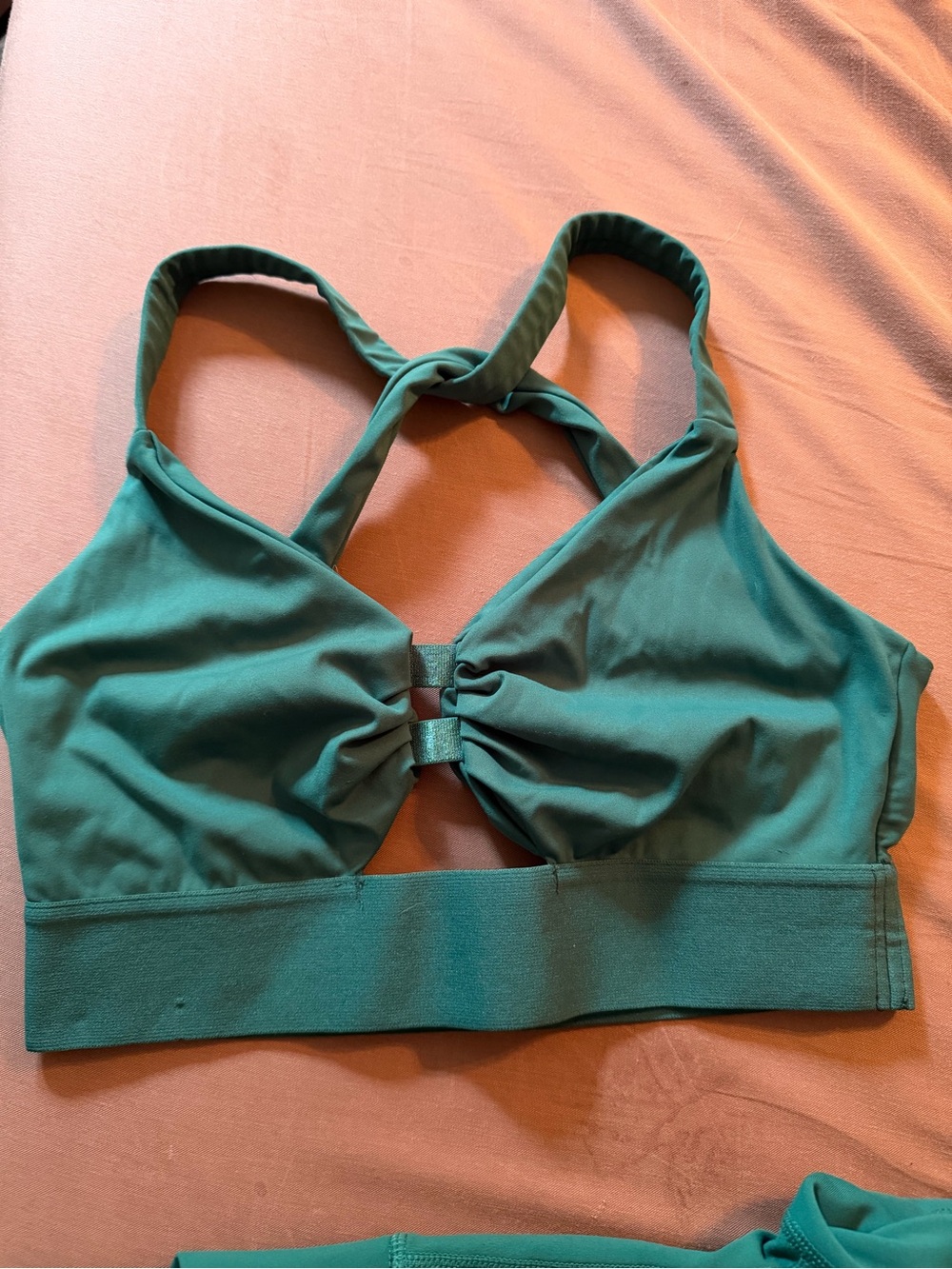Green Sports Bra with Twist Front and matching pants with v cut front